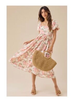 Altar’d State Cameron Floral Puff Sleeve Midi Dress in Pink and Cream, S, NWT